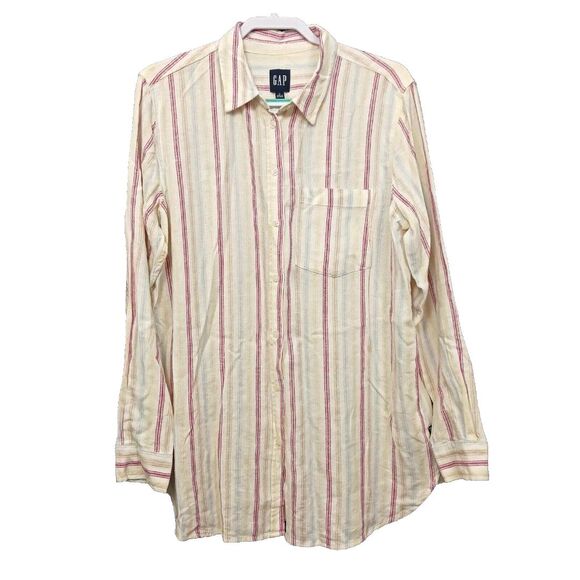 GAP Shirt Womens Large Linen Blend Long Sleeves Striped Button Up Blouse Pocket - Picture 1 of 5